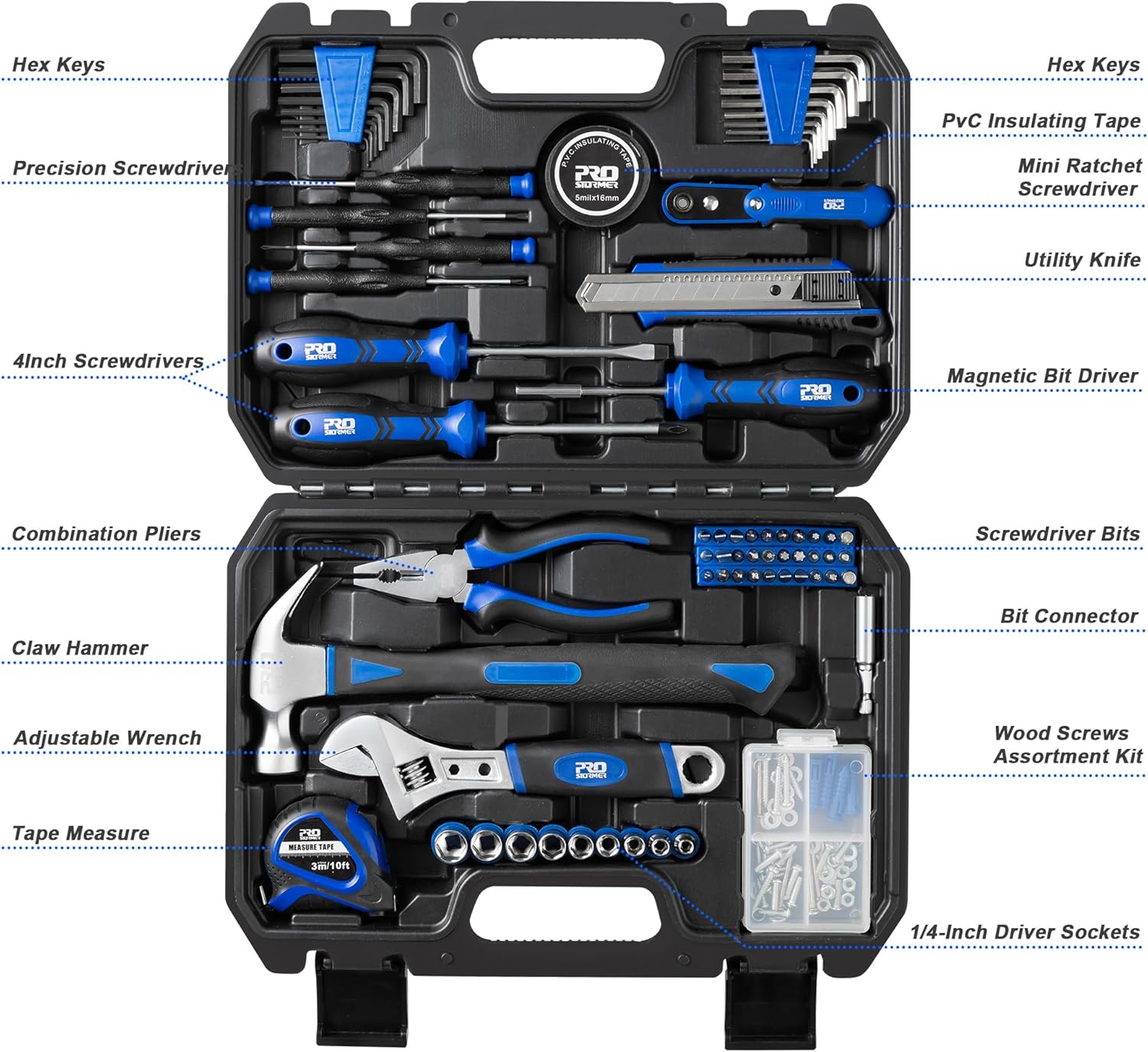 Juego de Herramientas Prostormer 160 Piezas – Kit de Mano para Reparaciones del Hogar con Maletín – Herramientas Resistentes de Acero para Casa, Garaje, Oficina y Dormitorio (Azul)
