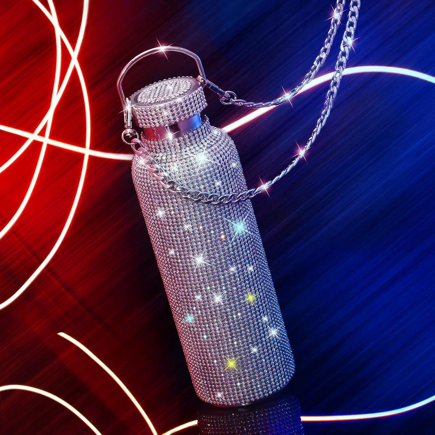 Botella térmica con diamantes de imitación con tapa | 750 ml | Aislado de acero inoxidable con diamantes de imitación de primera calidad | Color: Plata