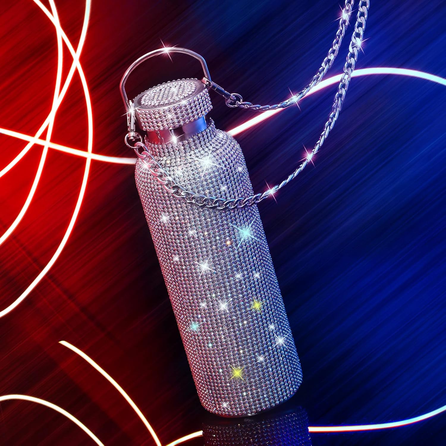 Botella térmica con diamantes de imitación con tapa | 750 ml | Aislado de acero inoxidable con diamantes de imitación de primera calidad | Color: Plata