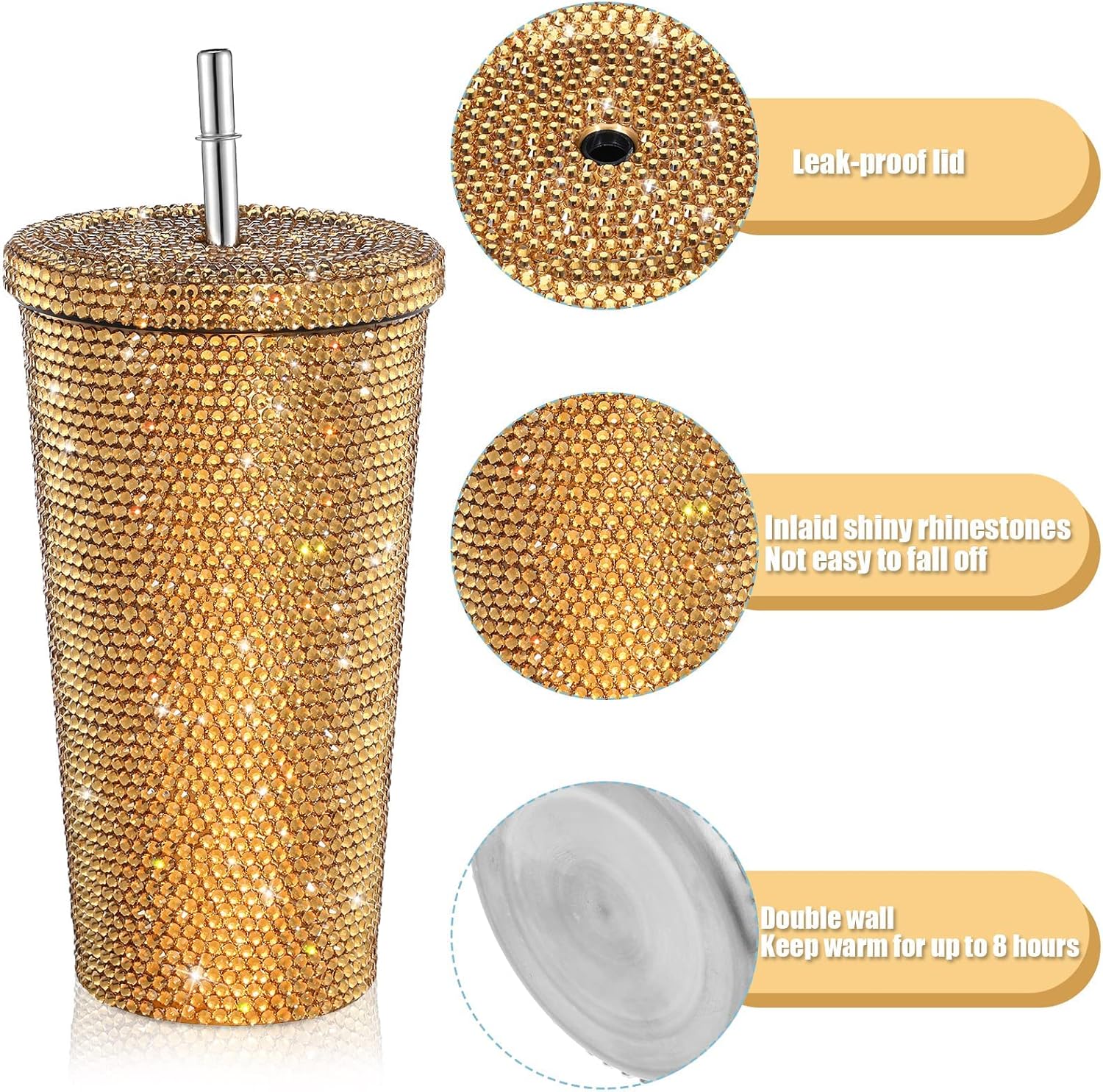 Vaso térmico con diamantes de imitación con tapa | 500 ml | Aislado de acero inoxidable con diamantes de imitación de primera calidad | Color: Dorado