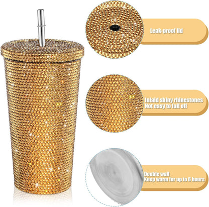 Vaso térmico con diamantes de imitación con tapa | 500 ml | Aislado de acero inoxidable con diamantes de imitación de primera calidad | Color: Dorado