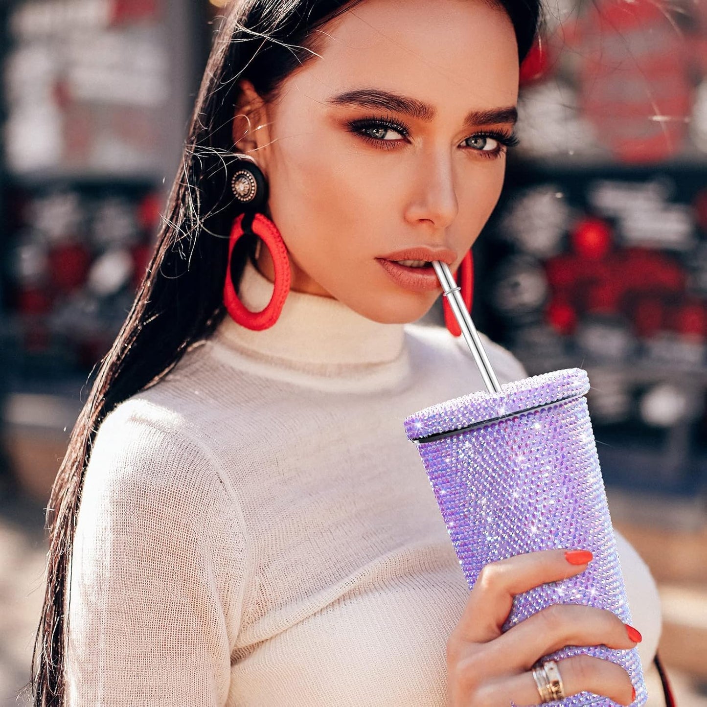 Vaso térmico con diamantes de imitación con tapa | 500 ml | Aislado de acero inoxidable con diamantes de imitación de primera calidad | Color: Lila