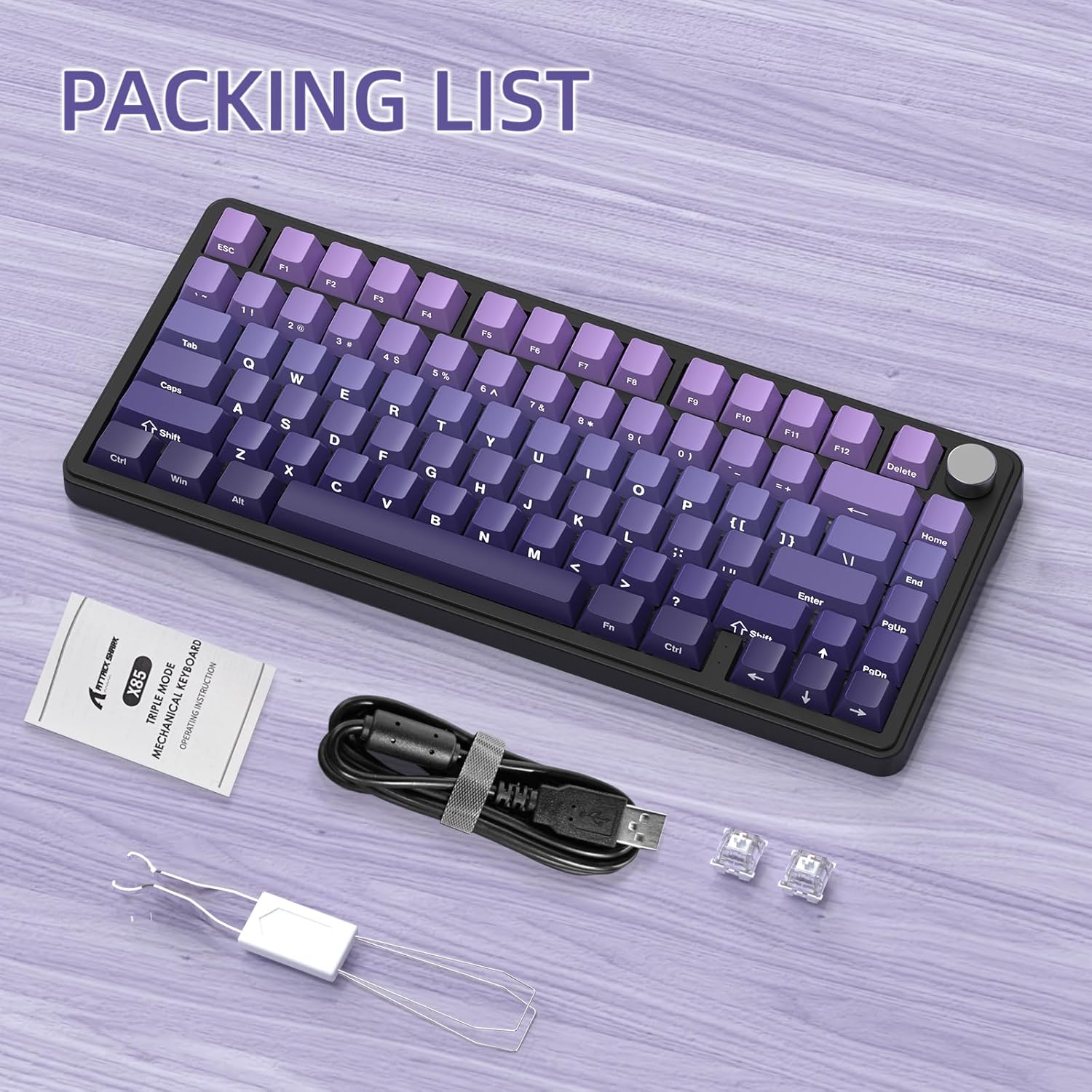 Teclado mecánico inalámbrico para juegos con perilla intercambiable | Color: Violeta