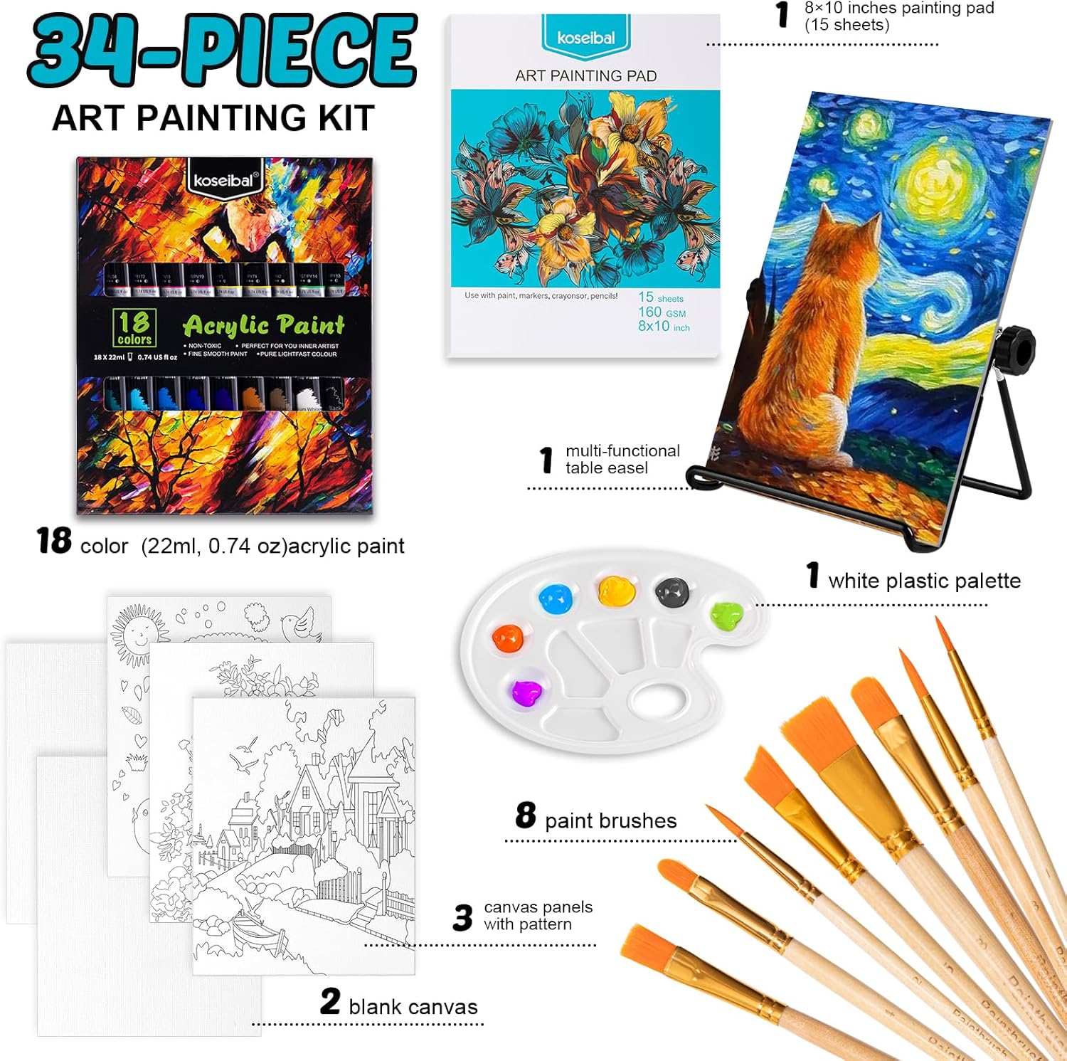 Juego de pintura acrílica para niños | Kit 18 pinturas + 5 paneles de lienzo + 8 pinceles + Caballete de mesa