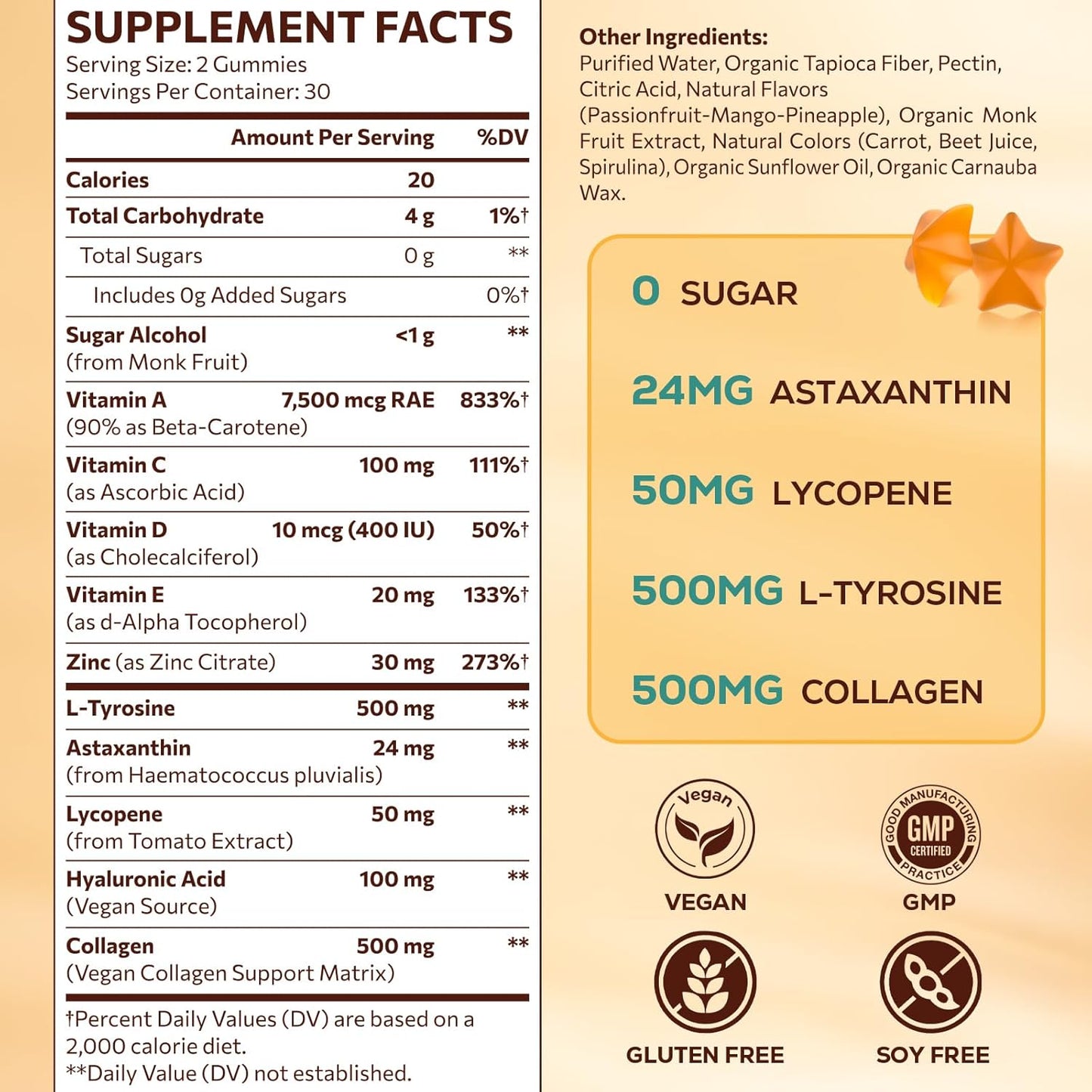 Gomitas bronceadoras con astaxantina para mujeres y hombres | Suplemento de bronceado sin sol con betacaroteno, licopeno, colágeno y vitaminas | Radiancia e hidratación de la piel | Vegano