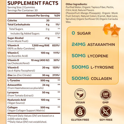 Gomitas bronceadoras con astaxantina para mujeres y hombres | Suplemento de bronceado sin sol con betacaroteno, licopeno, colágeno y vitaminas | Radiancia e hidratación de la piel | Vegano