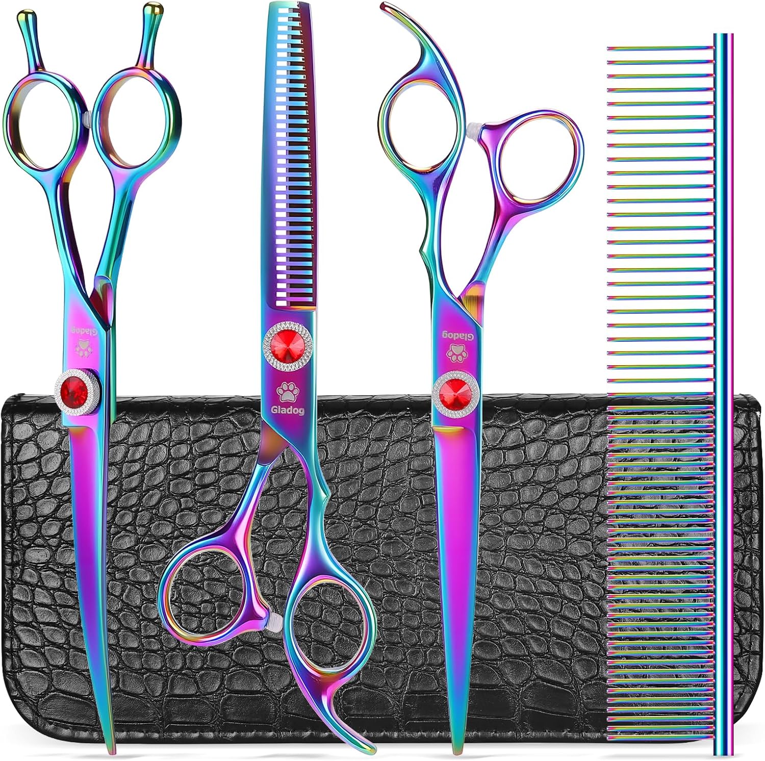 GLADOG Kit Tijeras de Grooming 5 en 1 para Perros y Gatos | Tijeras de Acero Inoxidable con Puntas Redondeadas + Peine y Estuche
