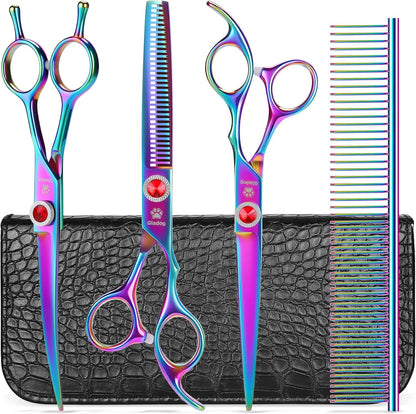GLADOG Kit Tijeras de Grooming 5 en 1 para Perros y Gatos | Tijeras de Acero Inoxidable con Puntas Redondeadas + Peine y Estuche