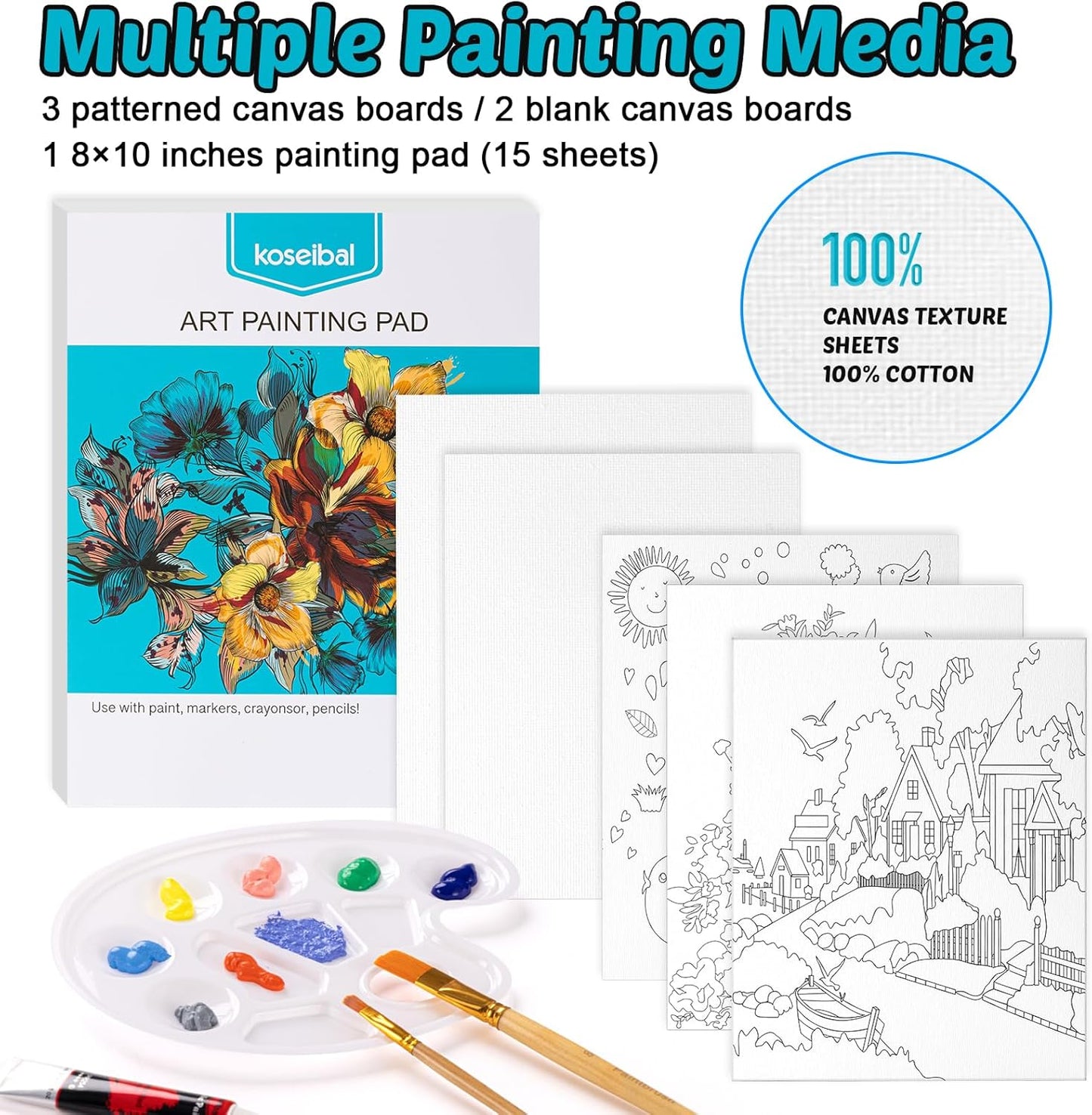 Juego de pintura acrílica para niños | Kit 18 pinturas + 5 paneles de lienzo + 8 pinceles + Caballete de mesa