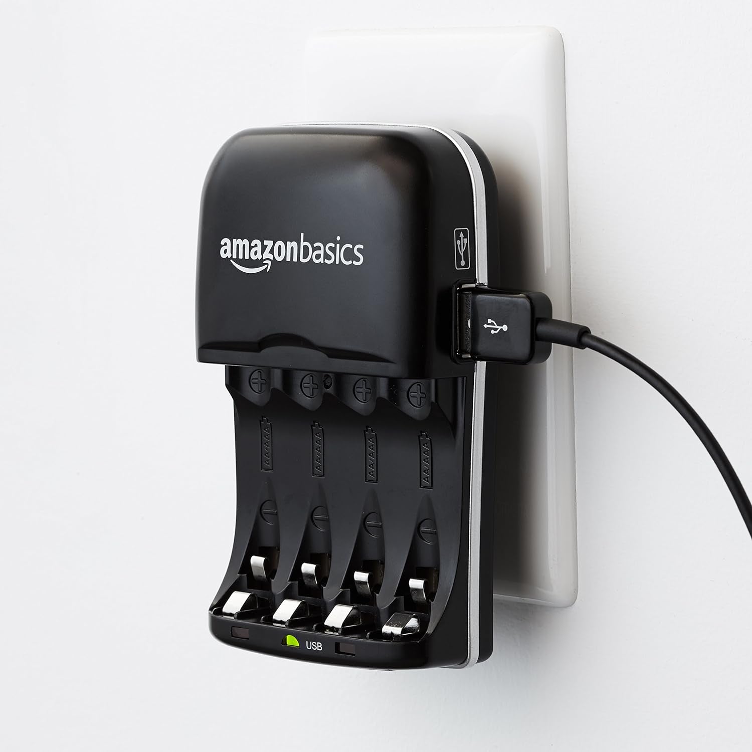 Cargador de Pilas Recargables AA/AAA Ni-MH con Puerto USB – 100–240 V, Enchufe Plegable, Negro