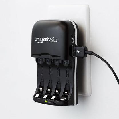 Cargador de Pilas Recargables AA/AAA Ni-MH con Puerto USB – 100–240 V, Enchufe Plegable, Negro
