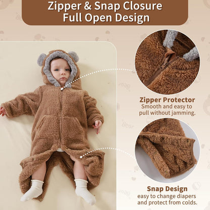 Traje de Oso para Bebé Recién Nacido con Mitones Plegables y Patucos para Niñas y Niños Ropa de Invierno de Vellón con Capucha Mameluco Traje de Nieve