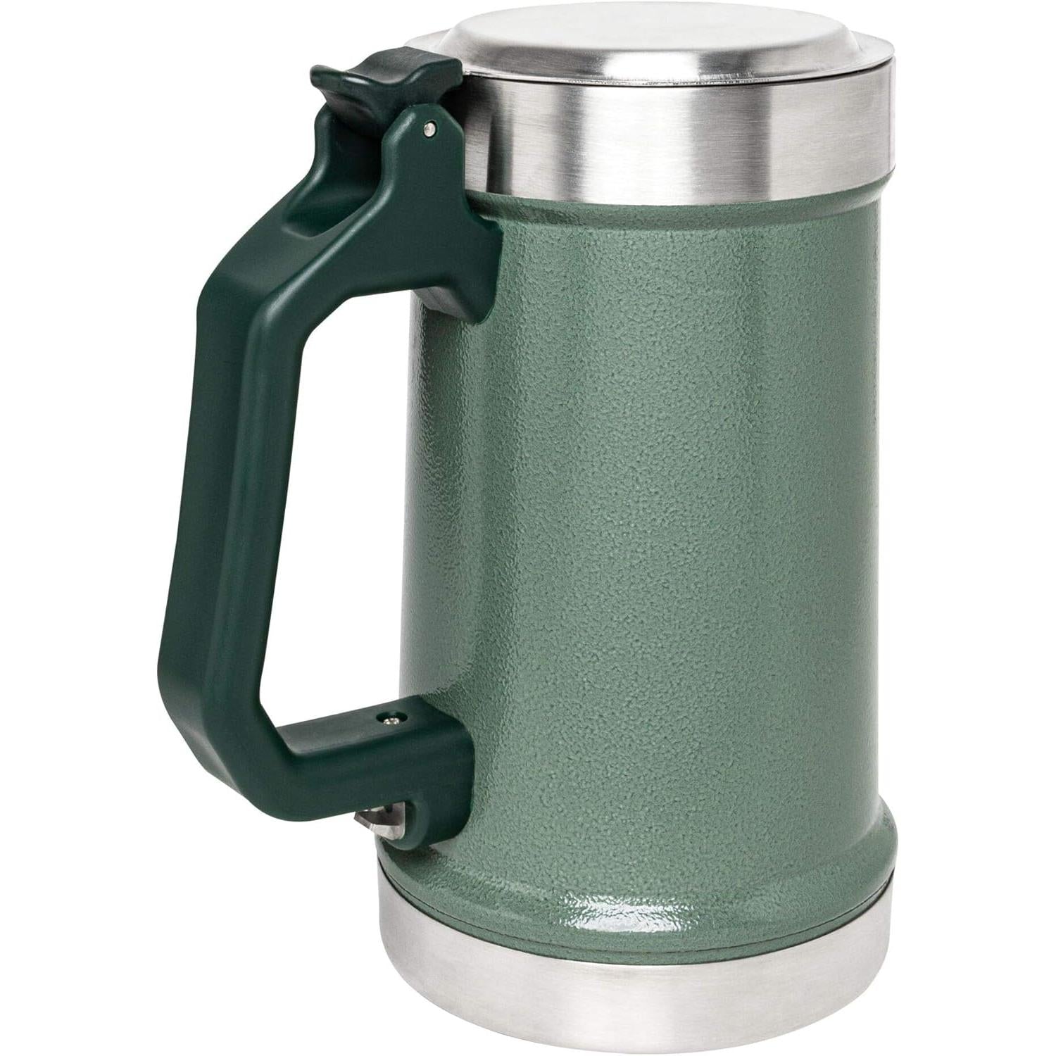 Classic Bottle Opener Beer Stein 24 Oz | Flip up Lid and Heavy Duty Handle with Built in Bottle Opener | Insulated Stainless Steel Beer Mug | Bpa-Free | Hammertone Green