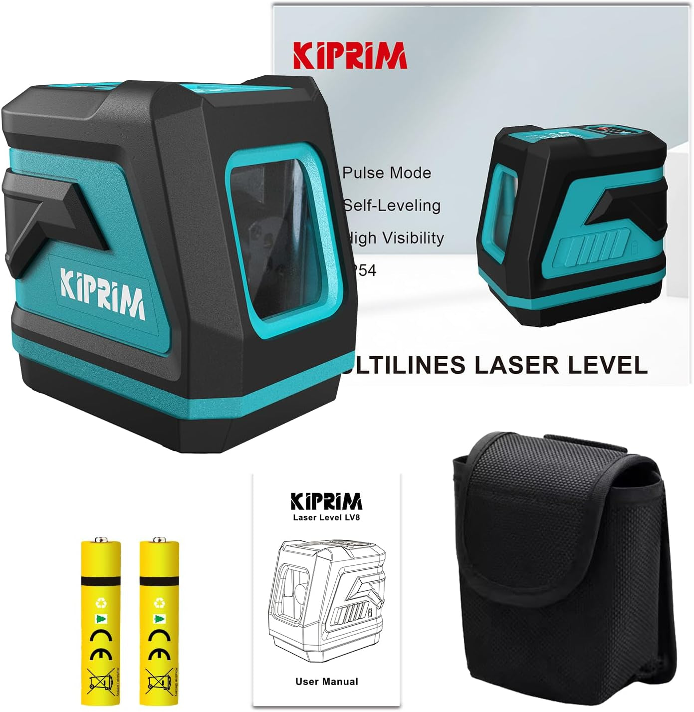 Nivel Láser Verde Kiprim LV8 Mejorado, Autonivelante, Brillo Ajustable, Modos Manual/Self-Leveling/Pulso, Alcance 40m (Interior) / 50m (Exterior con Detector)