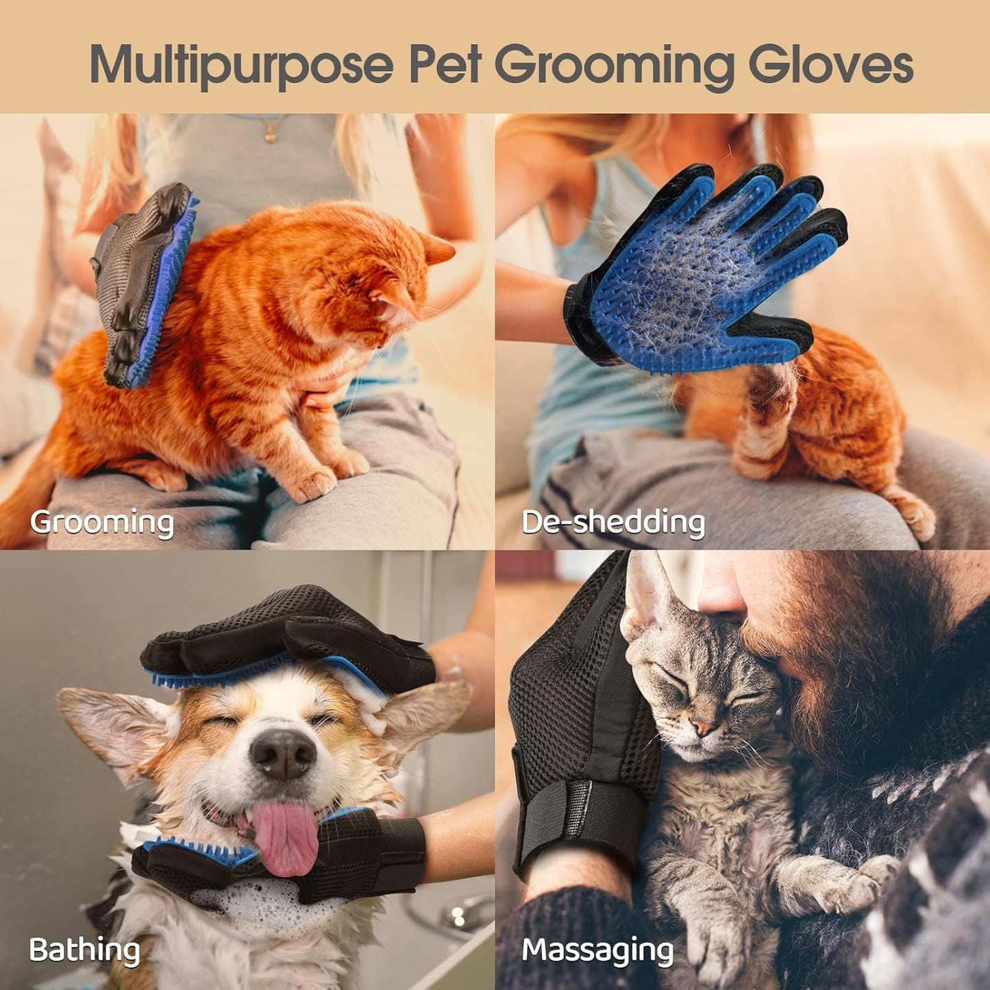 Guantes Removedores de Pelo para Mascotas (Par) | 255 Puntas de Silicona, Masaje y Grooming para Perros, Gatos y Caballos | Azul