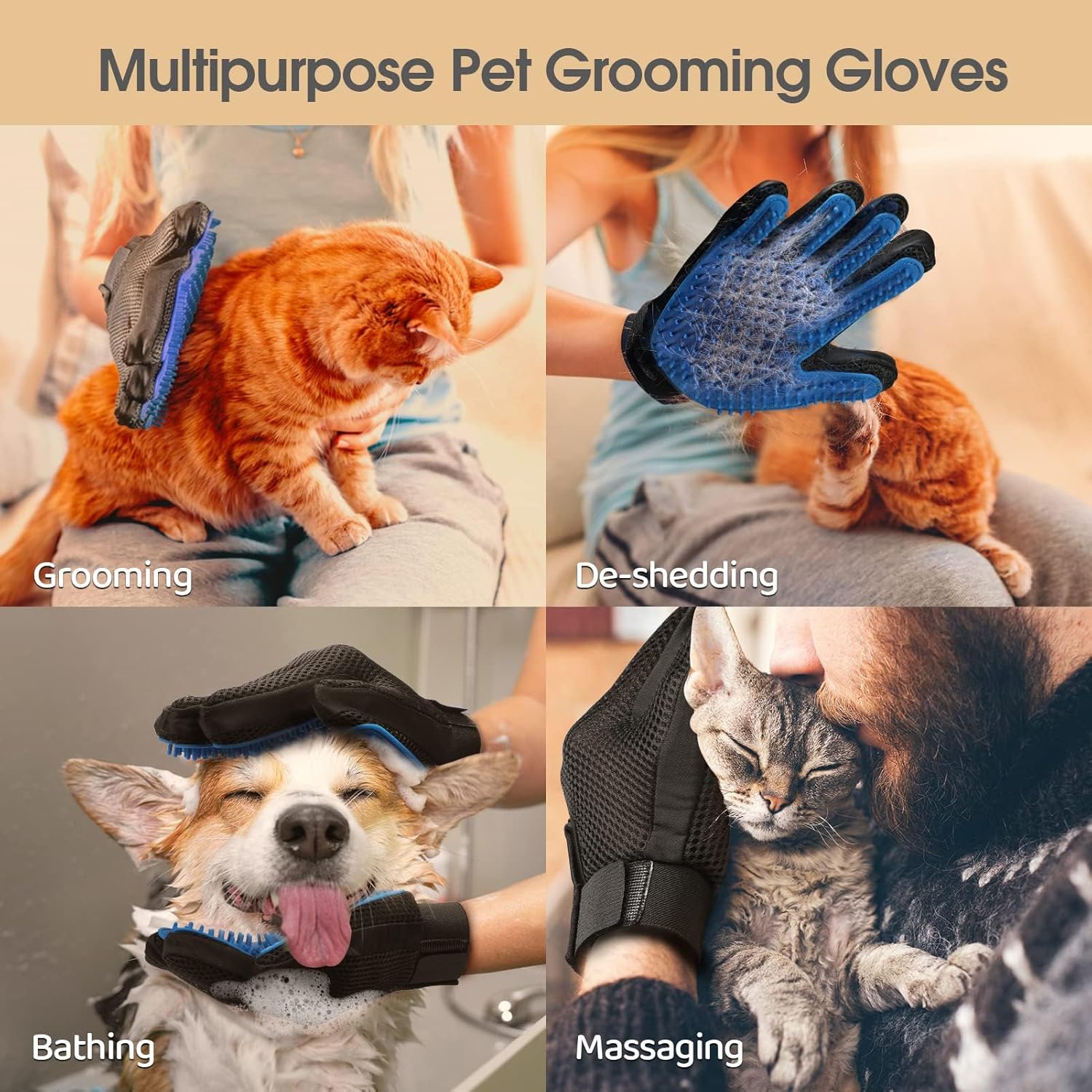 Guantes Removedores de Pelo para Mascotas (Par) | 255 Puntas de Silicona, Masaje y Grooming para Perros, Gatos y Caballos | Azul
