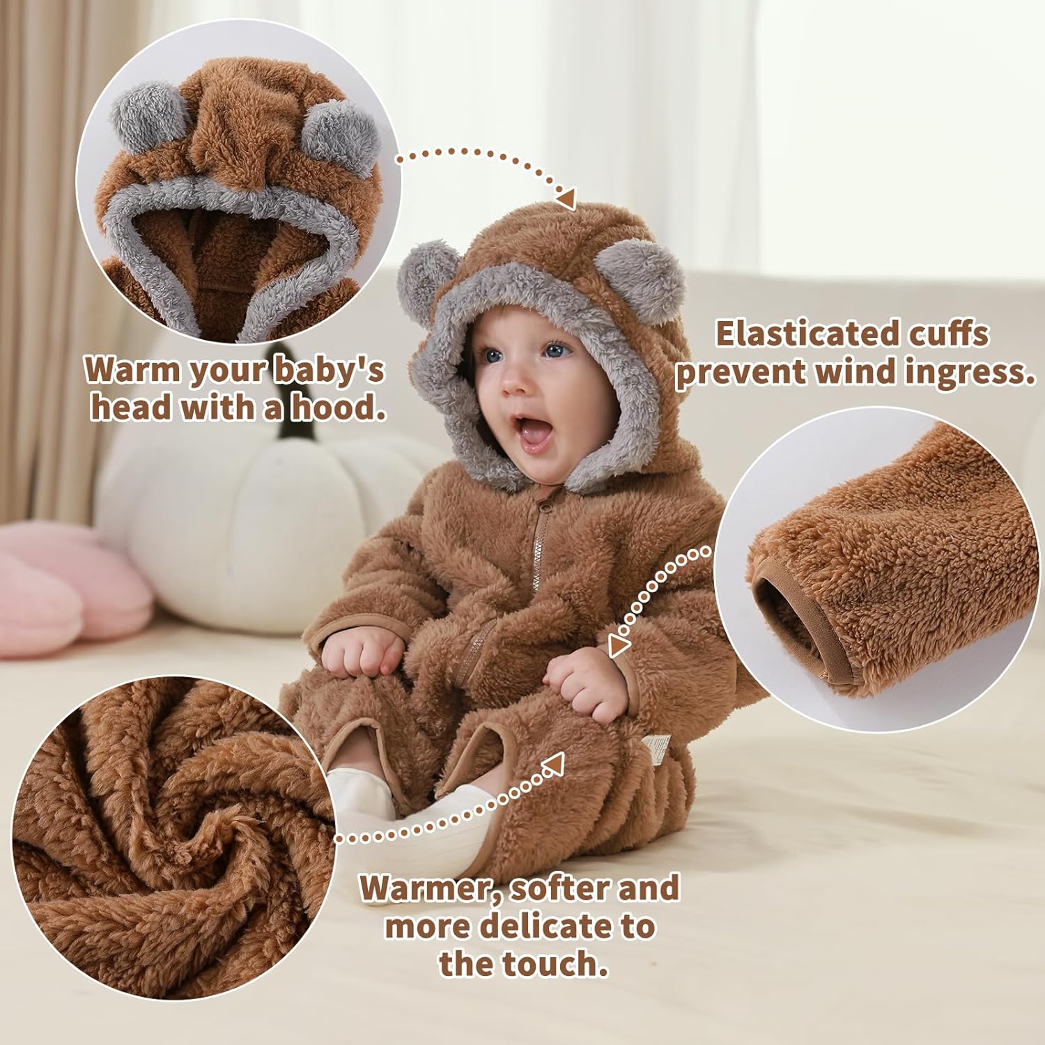 Traje de Oso para Bebé Recién Nacido con Mitones Plegables y Patucos para Niñas y Niños Ropa de Invierno de Vellón con Capucha Mameluco Traje de Nieve