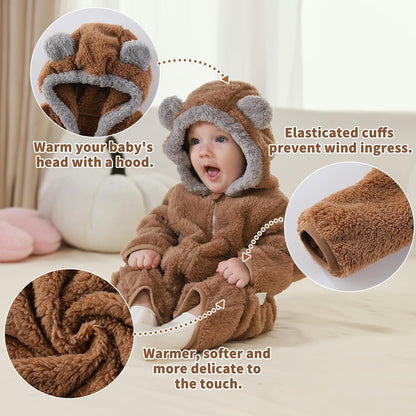 Traje de Oso para Bebé Recién Nacido con Mitones Plegables y Patucos para Niñas y Niños Ropa de Invierno de Vellón con Capucha Mameluco Traje de Nieve