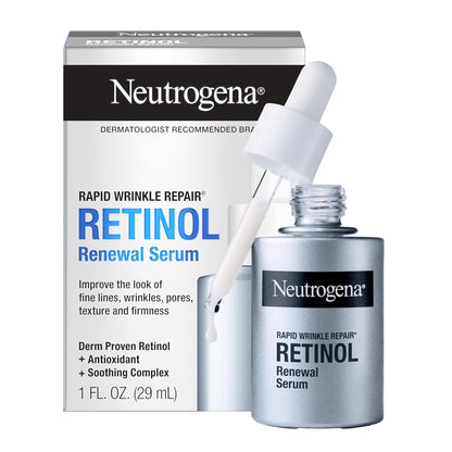 Neutrogena Rapid Wrinkle Repair Retinol Renewal Serum - Suero facial ligero antienvejecimiento con retinol puro y antioxidantes para mejorar las arrugas, la opacidad y las manchas oscuras, 1 onza