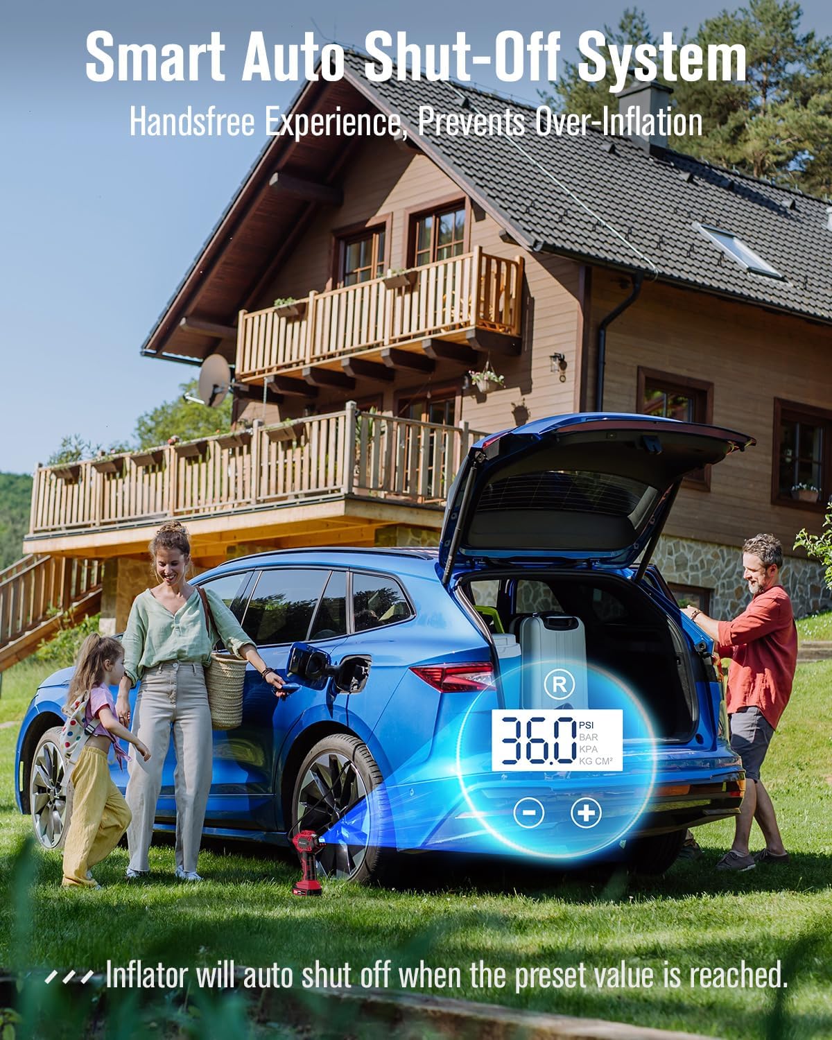 Inflador de Neumáticos Portátil 20V Inalámbrico, Compresor de Aire para Auto con Batería Recargable, Medidor Digital de Presión, Adaptador 12V, Luz LED y Estuche