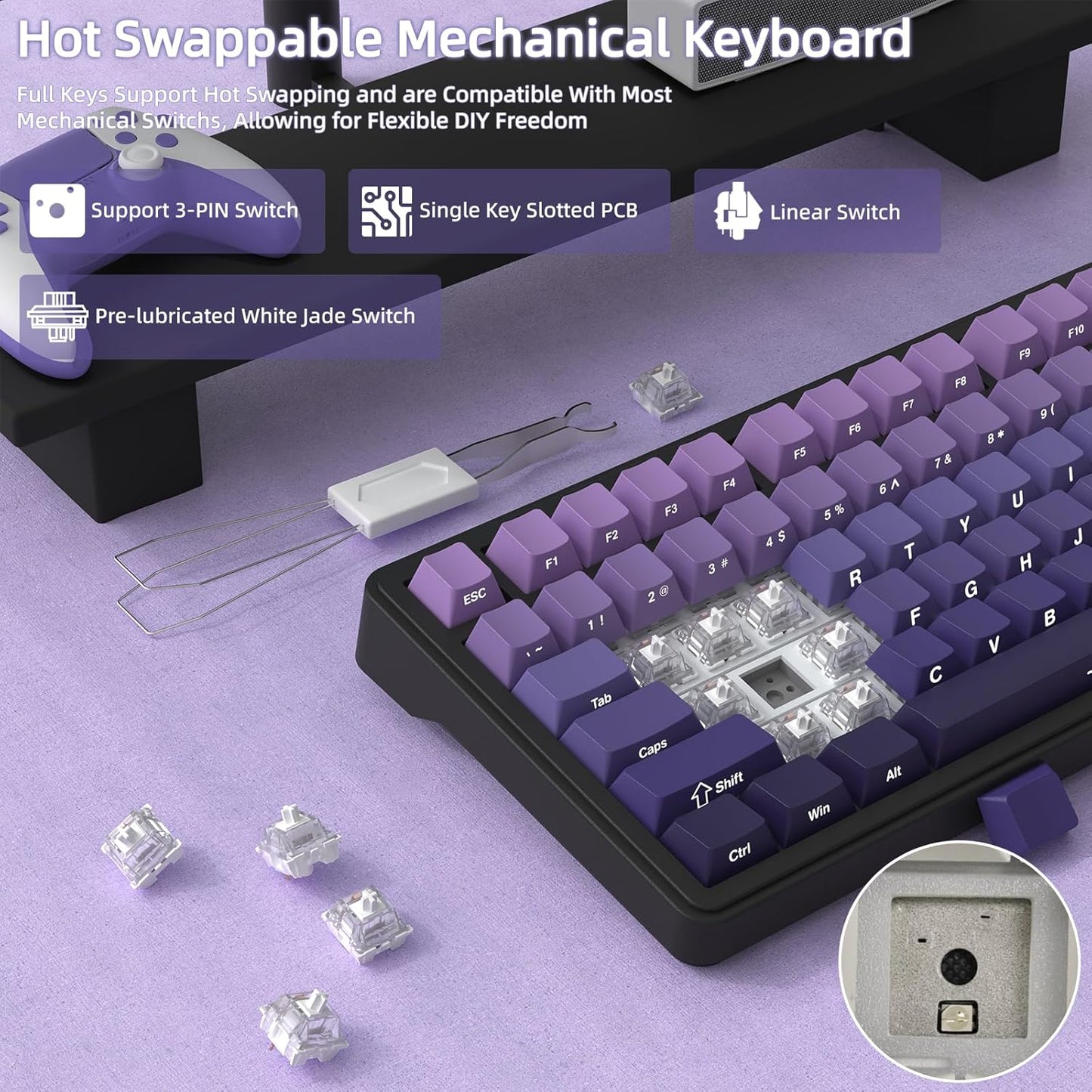 Teclado mecánico inalámbrico para juegos con perilla intercambiable | Color: Violeta