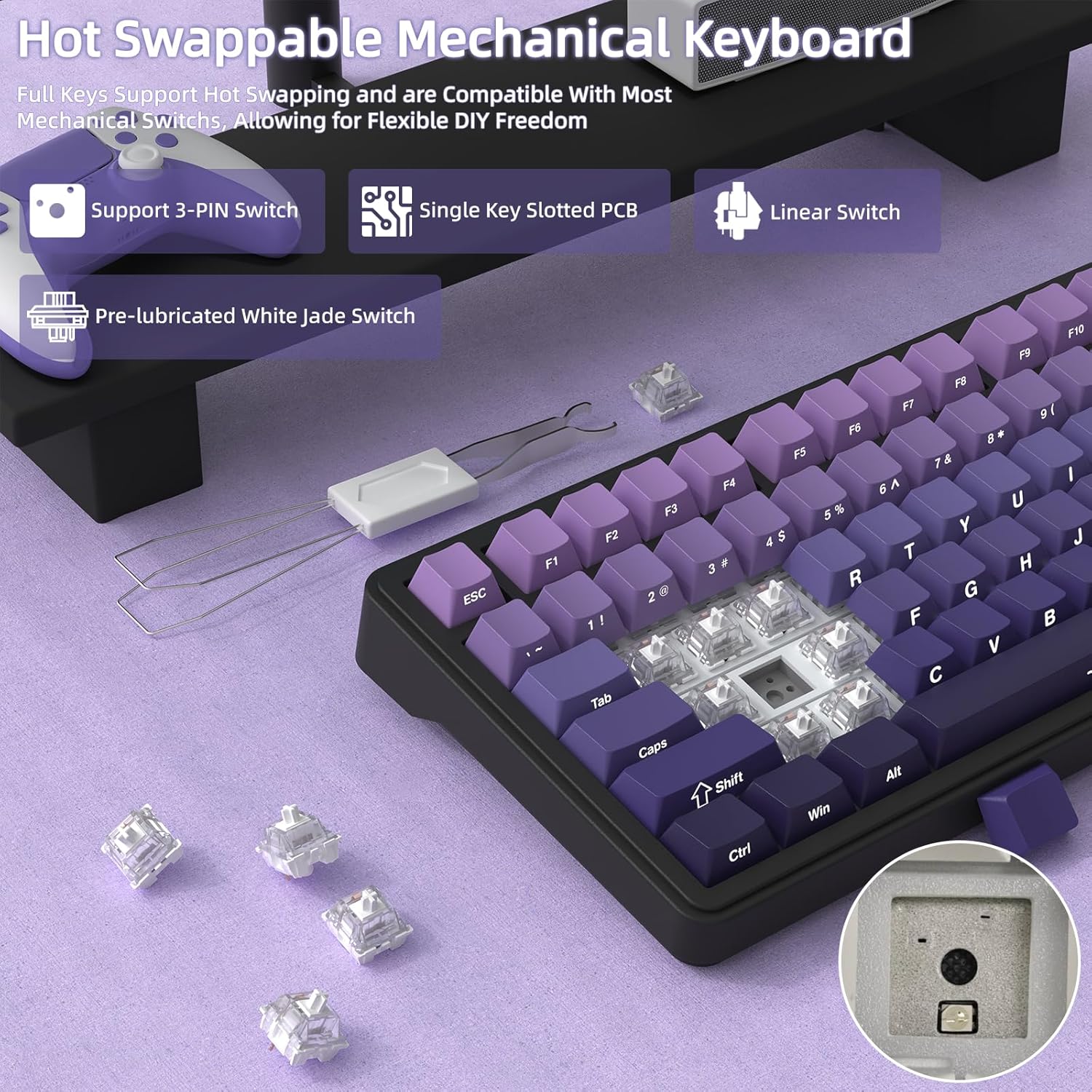 Teclado mecánico inalámbrico para juegos con perilla intercambiable | Color: Violeta