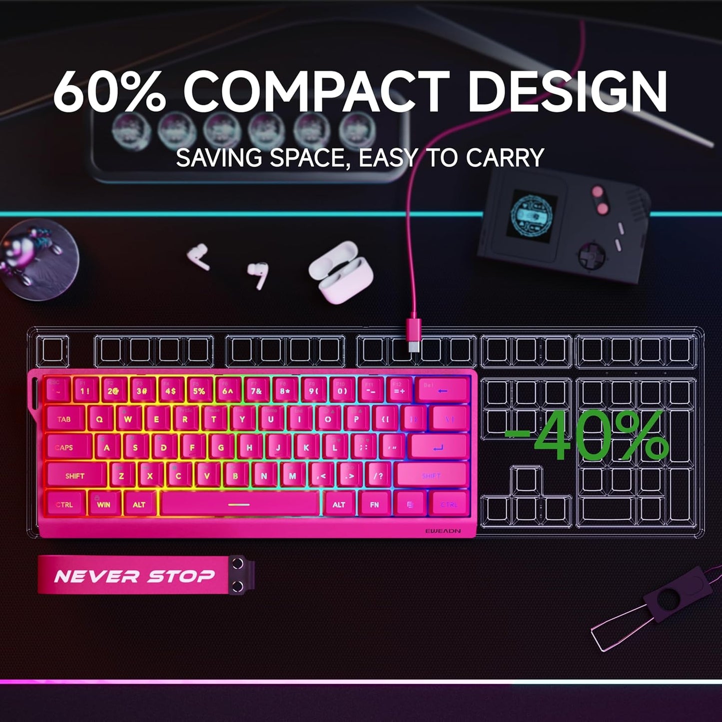 Teclado con cable al 60% | Retroiluminado RGB | Con teclas PBT | Diseño compacto | Con cable con cordón para Mac/Win | Color: Fucsia