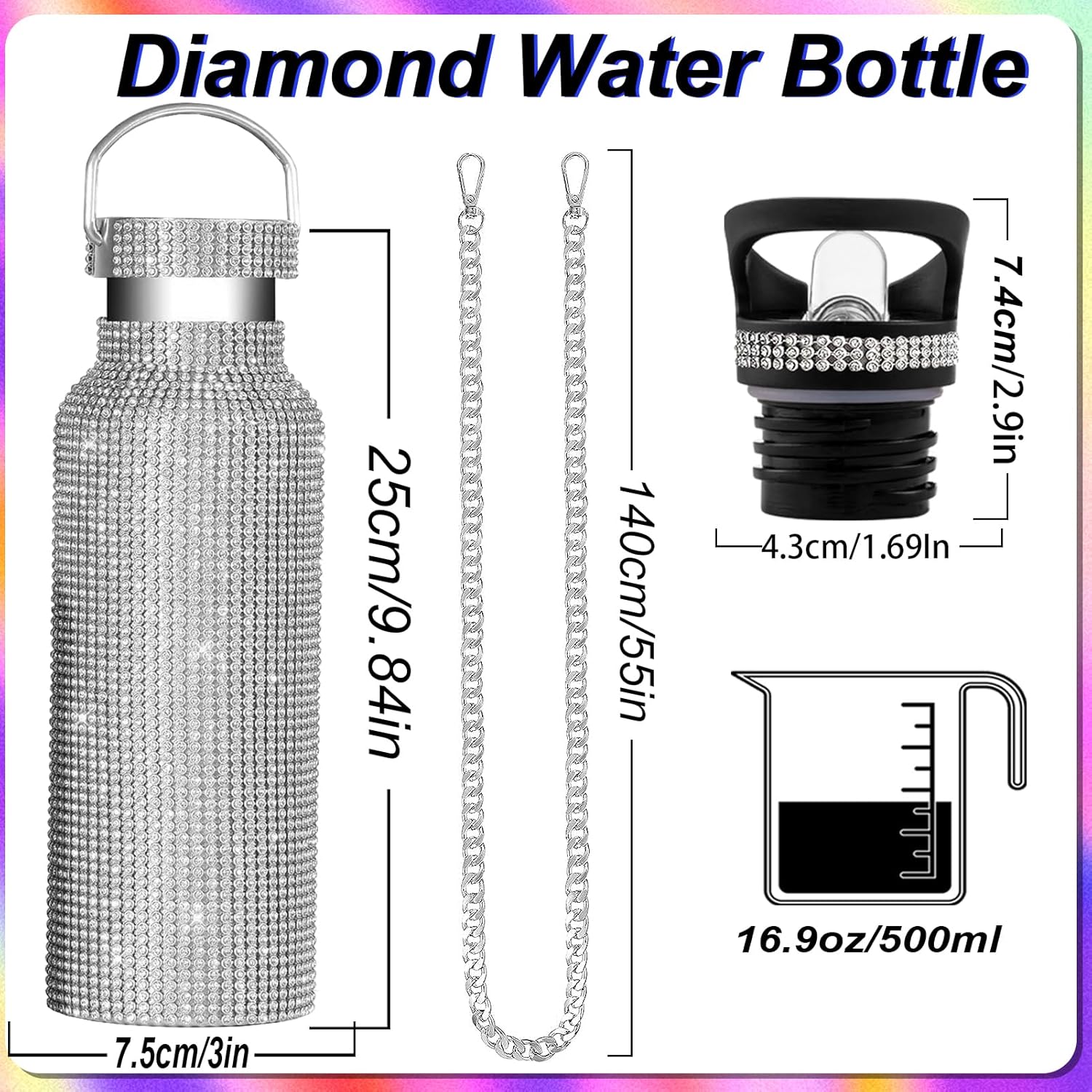 Botella de agua con glitter de imitación | Botella térmica de acero inoxidable | 2 tapas intercambiables | Color: Plata