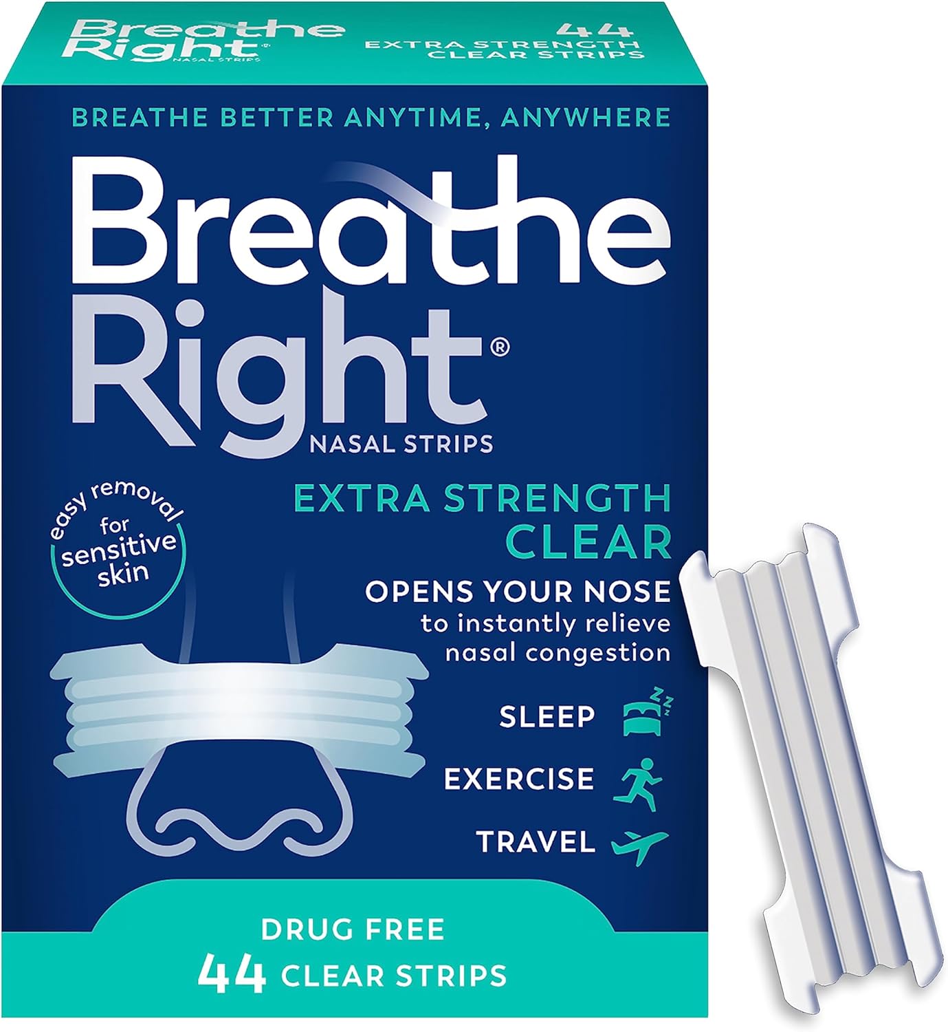 Breathe Right Tiras Nasales Extra Fuerza Clear | Para Piel Sensible | Solución Natural Contra Ronquidos y Congestión Nasal | 44 Unidades