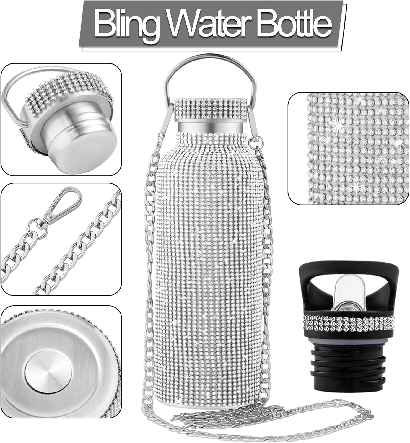 Botella de agua con glitter de imitación | Botella térmica de acero inoxidable | 2 tapas intercambiables | Color: Plata