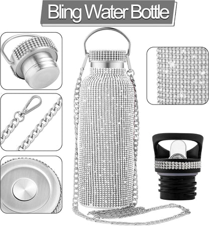 Botella de agua con glitter de imitación | Botella térmica de acero inoxidable | 2 tapas intercambiables | Color: Plata