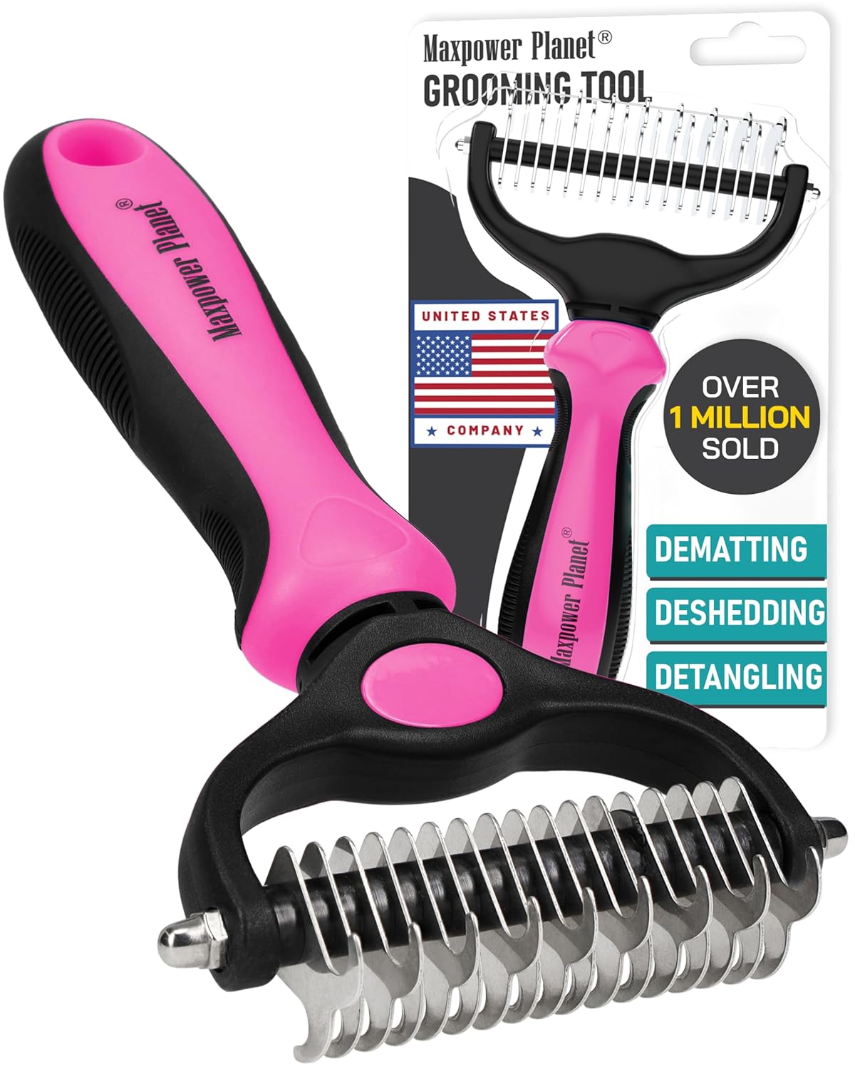 Maxpower Planet Rastrillo de Aseo para Mascotas | Herramienta 2 en 1 Deslanado & Desenredado | Cepillo Profesional para Perros y Gatos de Pelo Largo y Doble Capa – Reduce la Muda hasta un 95%