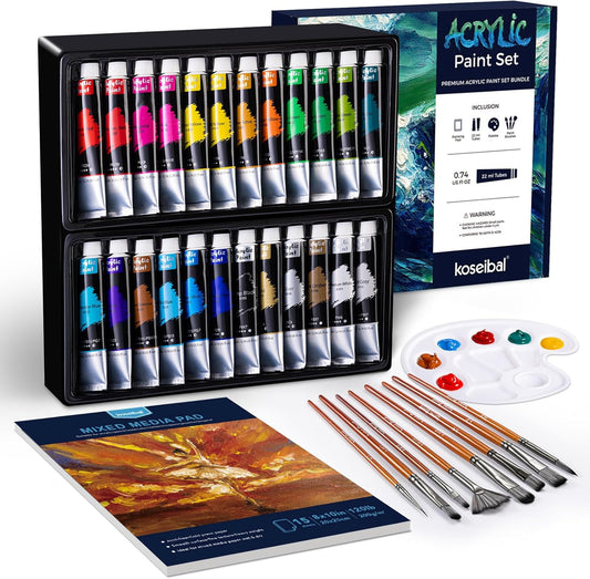 Kit de pintura acrílica | 24 Pinturas acrílicas + 8 pinceles + 1 bloc de hojas + paleta | Para niños y adultos