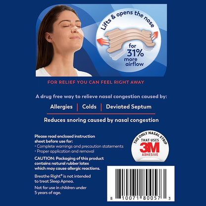 Breathe Right Tiras Nasales Extra Fuerza | 44 Unidades | Alivio Instantáneo de Congestión Nasal y Ronquidos | Sin Fármacos, Ajuste Cómodo