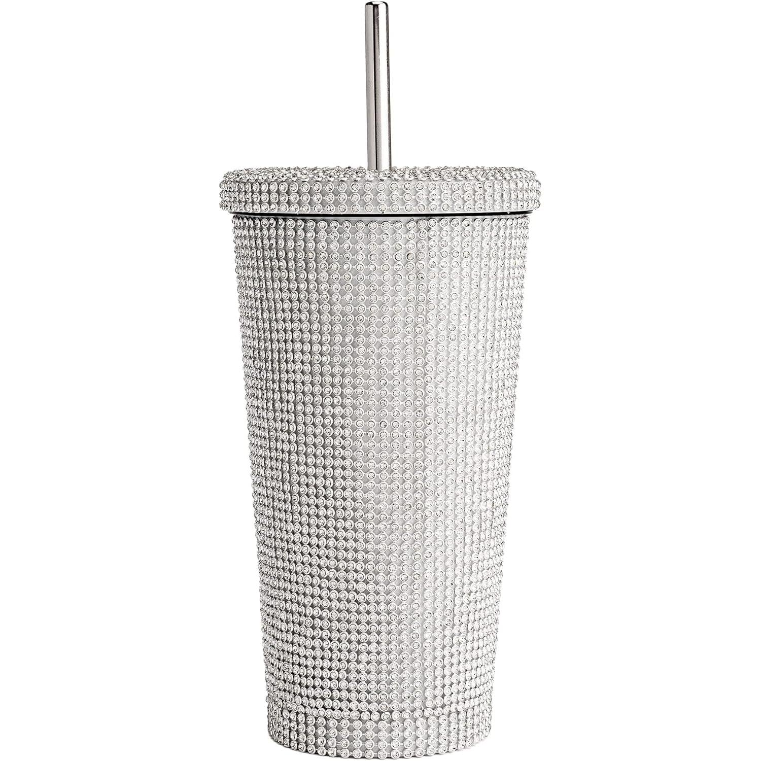 Original Paris Hilton Diamond Bling | Vaso de agua con tapa y popote | Acero inoxidable aislado al vacío | 3700 diamantes de imitación | 500 ml | Color: plateado