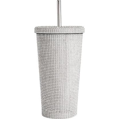 Original Paris Hilton Diamond Bling | Vaso de agua con tapa y popote | Acero inoxidable aislado al vacío | 3700 diamantes de imitación | 500 ml | Color: plateado