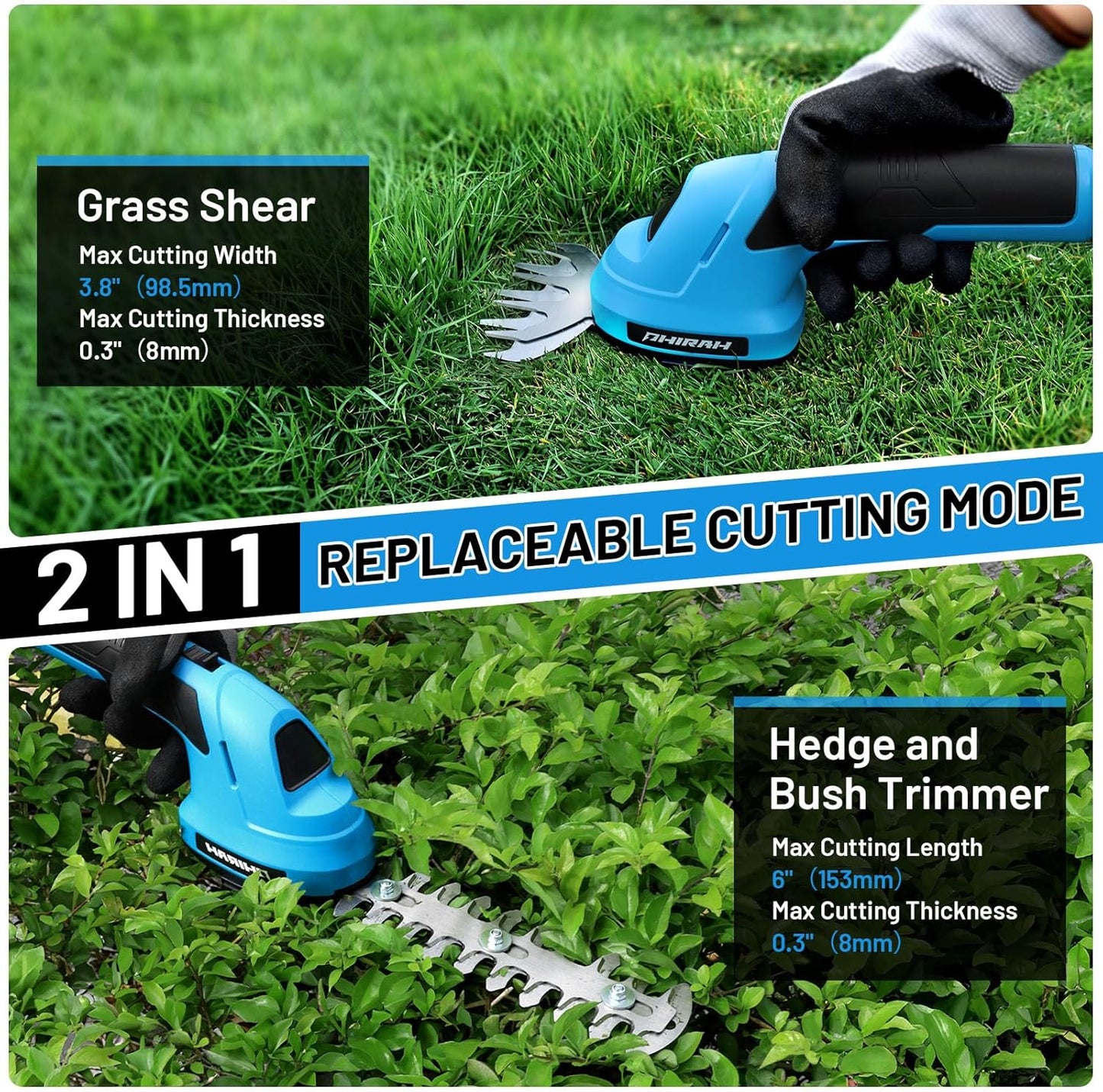 PHIRAH Cortasetos y Tijera de Césped Inalámbrica 7.2V 2 en 1 | Mini Podadora Recargable con Batería 2000mAh y Cargador USB – Para Arbustos, Bordes de Césped y Jardinería