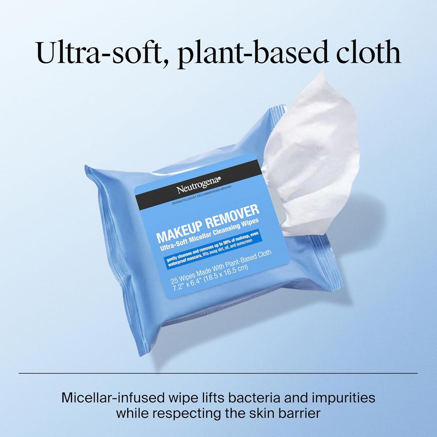 Neutrogena - Toallitas faciales desmaquillantes, ultrasuaves para maquillaje resistente al agua, sin alcohol, a base de plantas, paquete doble, 25 unidades, paquete de 2