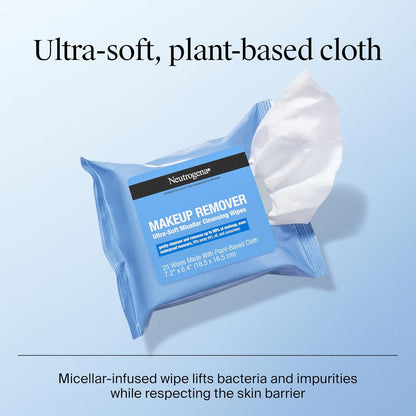 Neutrogena - Toallitas faciales desmaquillantes, ultrasuaves para maquillaje resistente al agua, sin alcohol, a base de plantas, paquete doble, 25 unidades, paquete de 2