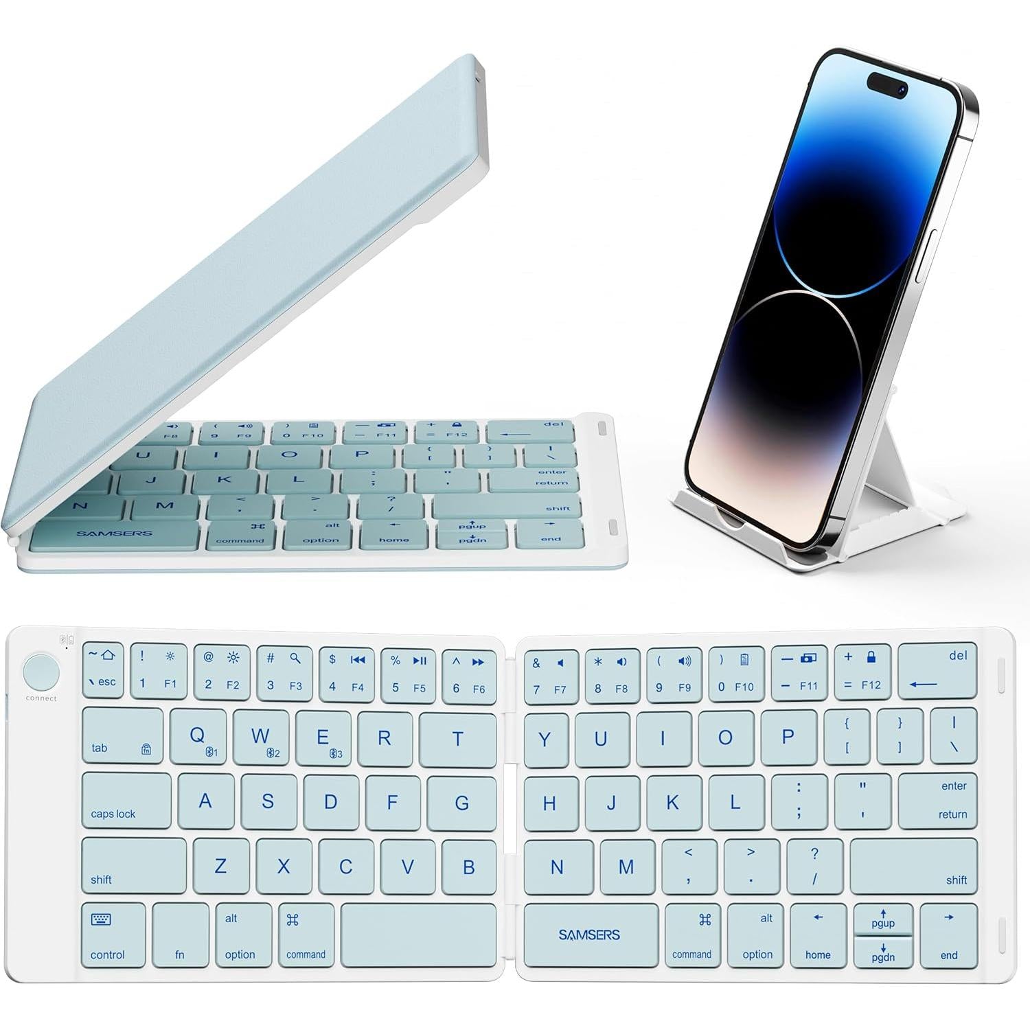 Teclado plegable Bluetooth | Tamaño completo | Ultra delgado Recargable | Conecta iOS, Android, Windows, teléfono | Color: Celeste