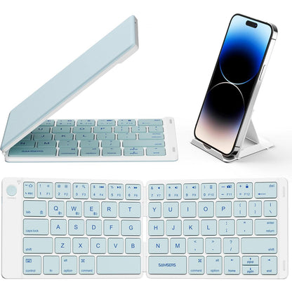 Teclado plegable Bluetooth | Tamaño completo | Ultra delgado Recargable | Conecta iOS, Android, Windows, teléfono | Color: Celeste