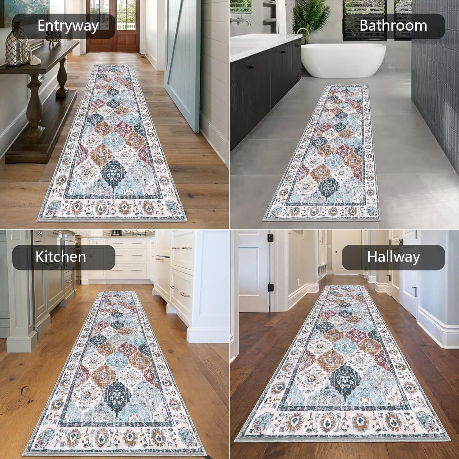 Alfombra de pasillo de 2 pies x 8 pies | Lavable, vintage, antideslizante | Diseño rombos