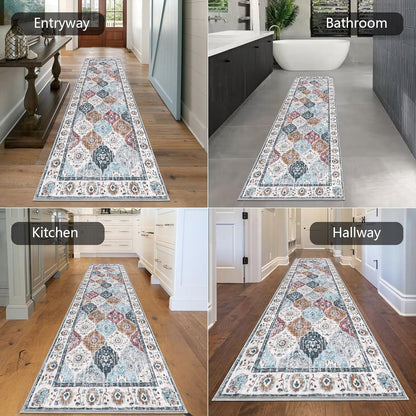 Alfombra de pasillo de 2 pies x 8 pies | Lavable, vintage, antideslizante | Diseño rombos