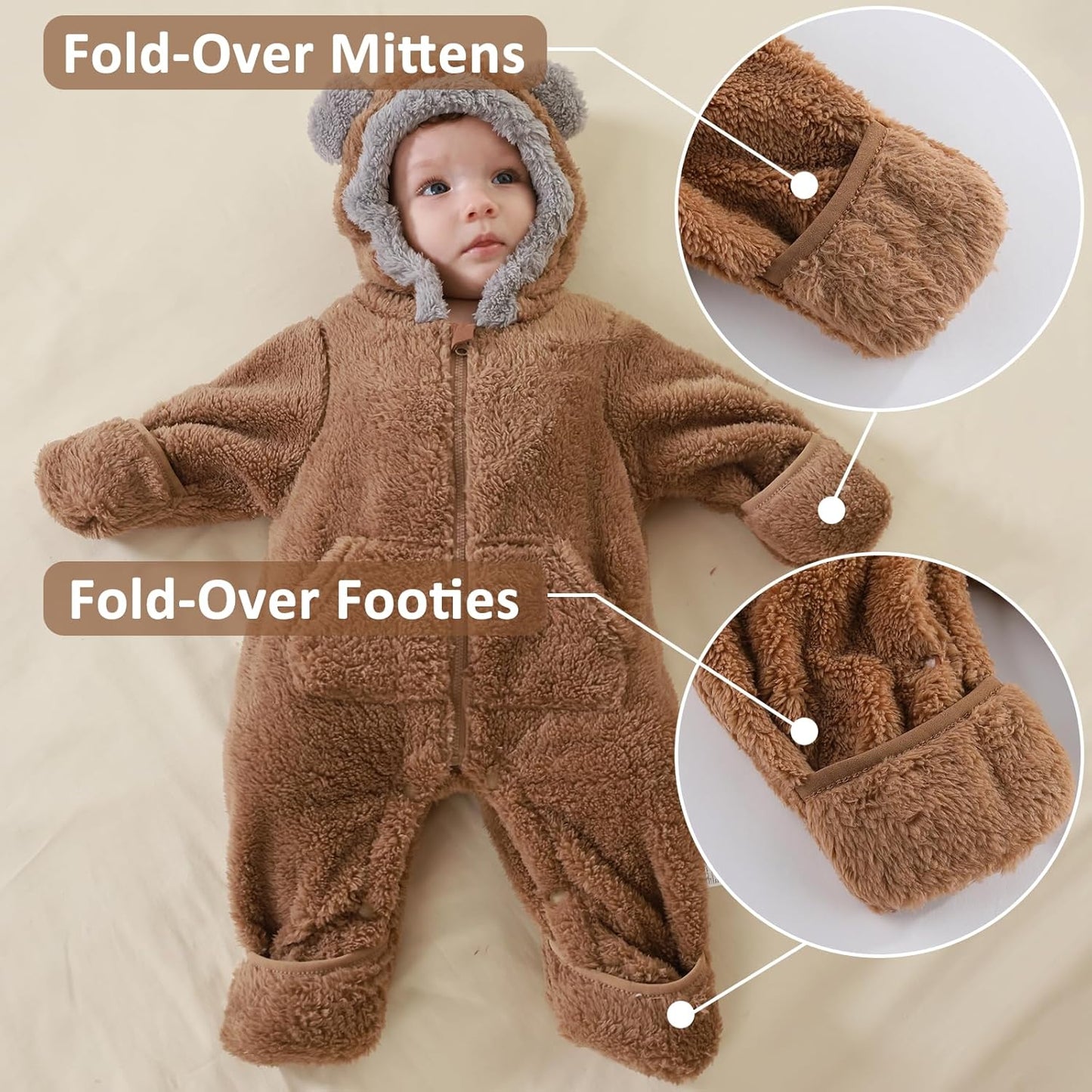 Traje de Oso para Bebé Recién Nacido con Mitones Plegables y Patucos para Niñas y Niños Ropa de Invierno de Vellón con Capucha Mameluco Traje de Nieve