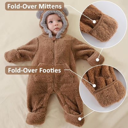 Traje de Oso para Bebé Recién Nacido con Mitones Plegables y Patucos para Niñas y Niños Ropa de Invierno de Vellón con Capucha Mameluco Traje de Nieve