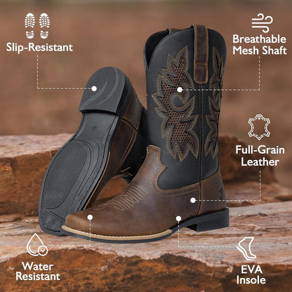 Botas vaqueras para hombre | Punta cuadrada | Botas occidentales con eje de malla transpirable | Botas de campo resistentes