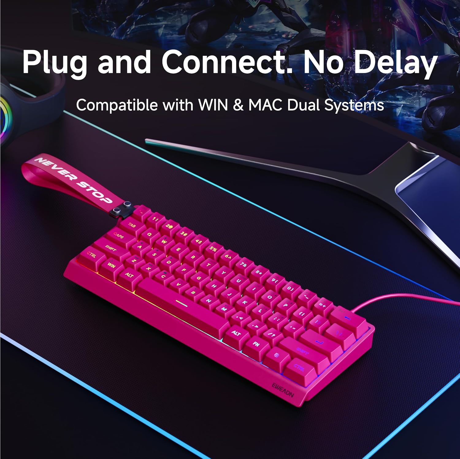 Teclado con cable al 60% | Retroiluminado RGB | Con teclas PBT | Diseño compacto | Con cable con cordón para Mac/Win | Color: Fucsia