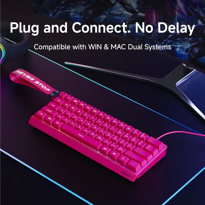 Teclado con cable al 60% | Retroiluminado RGB | Con teclas PBT | Diseño compacto | Con cable con cordón para Mac/Win | Color: Fucsia