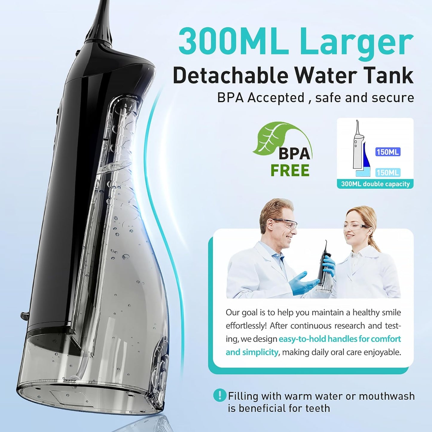 COSLUS Irrigador Dental Portátil – 300ML Flosser Eléctrico Recargable, 3 Modos & 5 Boquillas, Batería de 30 Días, Resistente al Agua IPX7 para Limpieza Dental y Salud de las Encías (Negro)