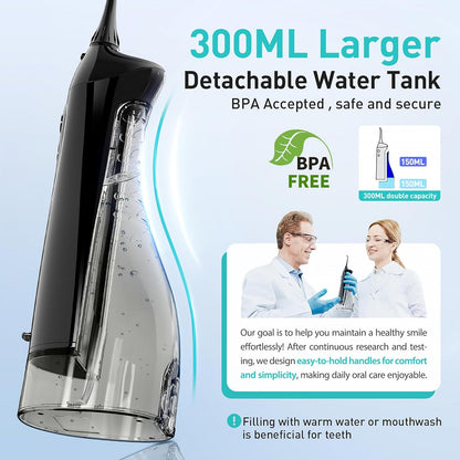 COSLUS Irrigador Dental Portátil – 300ML Flosser Eléctrico Recargable, 3 Modos & 5 Boquillas, Batería de 30 Días, Resistente al Agua IPX7 para Limpieza Dental y Salud de las Encías (Negro)